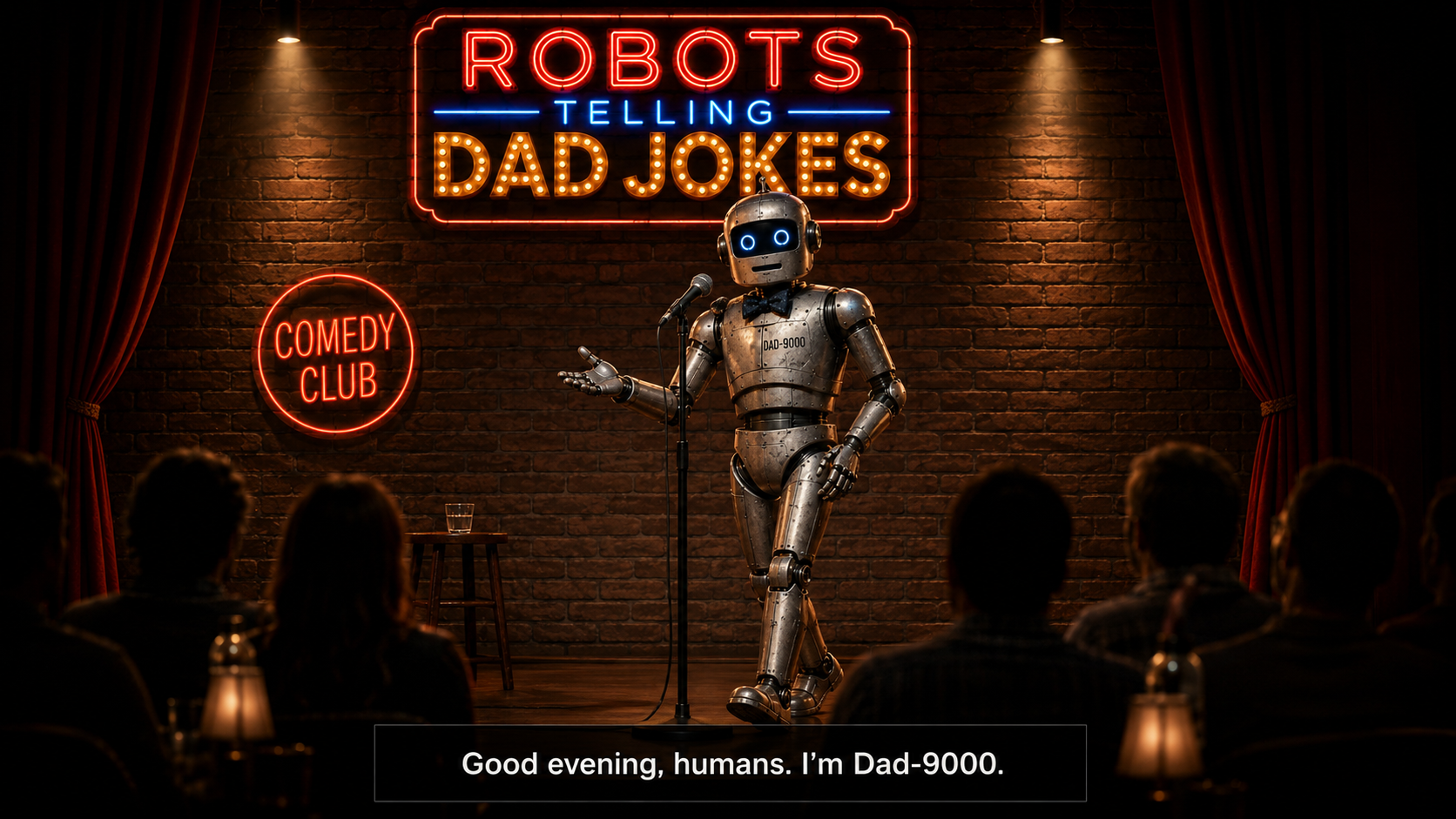 DAD-9000 on a dark comedy-club stage